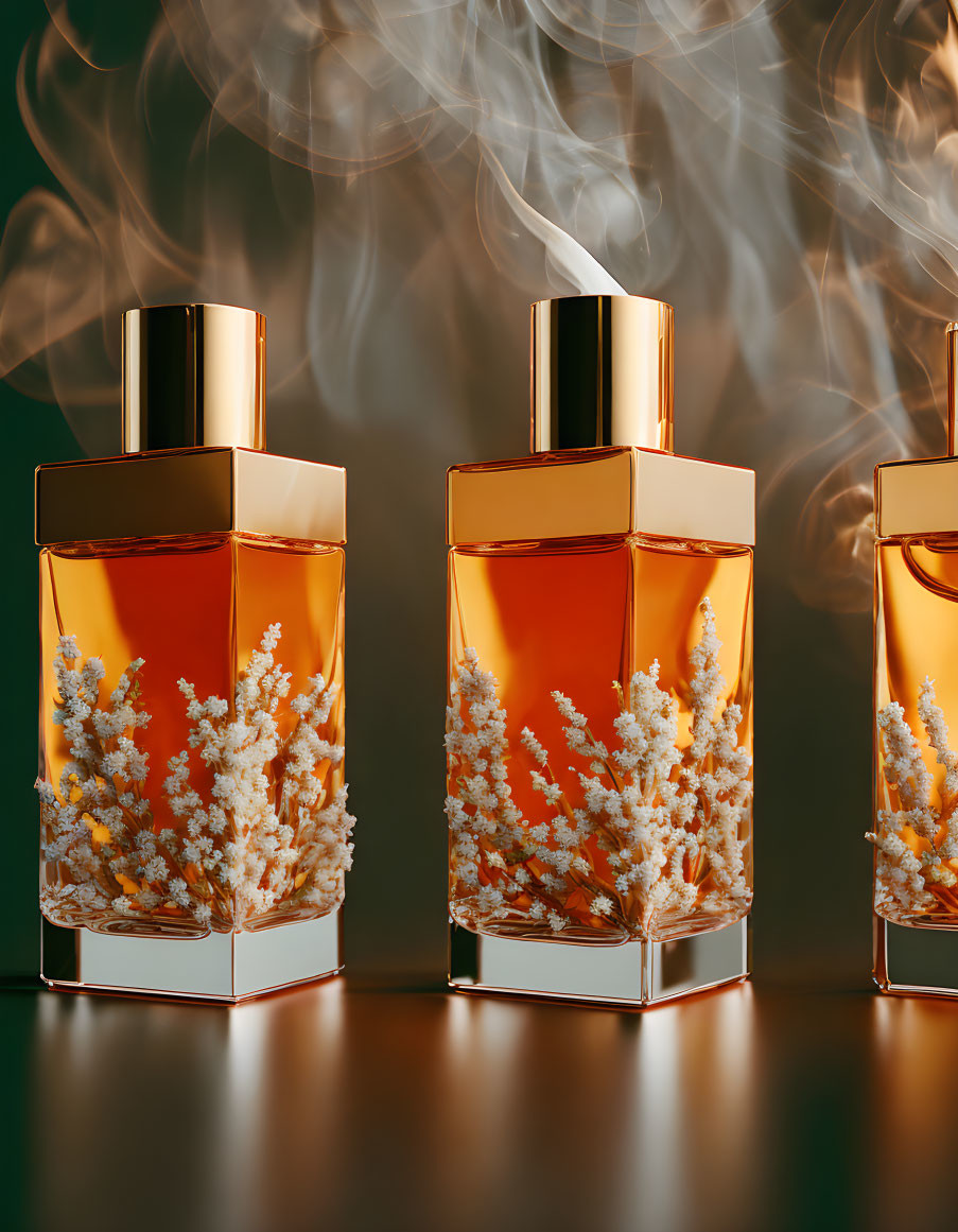 Elegant perfume bottles with golden liquid, white coral, and mystic smoke on dark green background