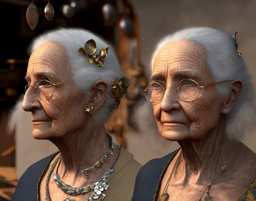 Elderly women with glasses and ornate jewelry in warm-toned setting