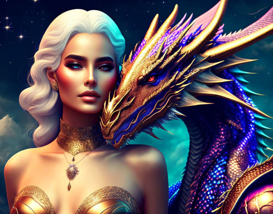 Blonde Woman with Dragon in Night Sky Artwork