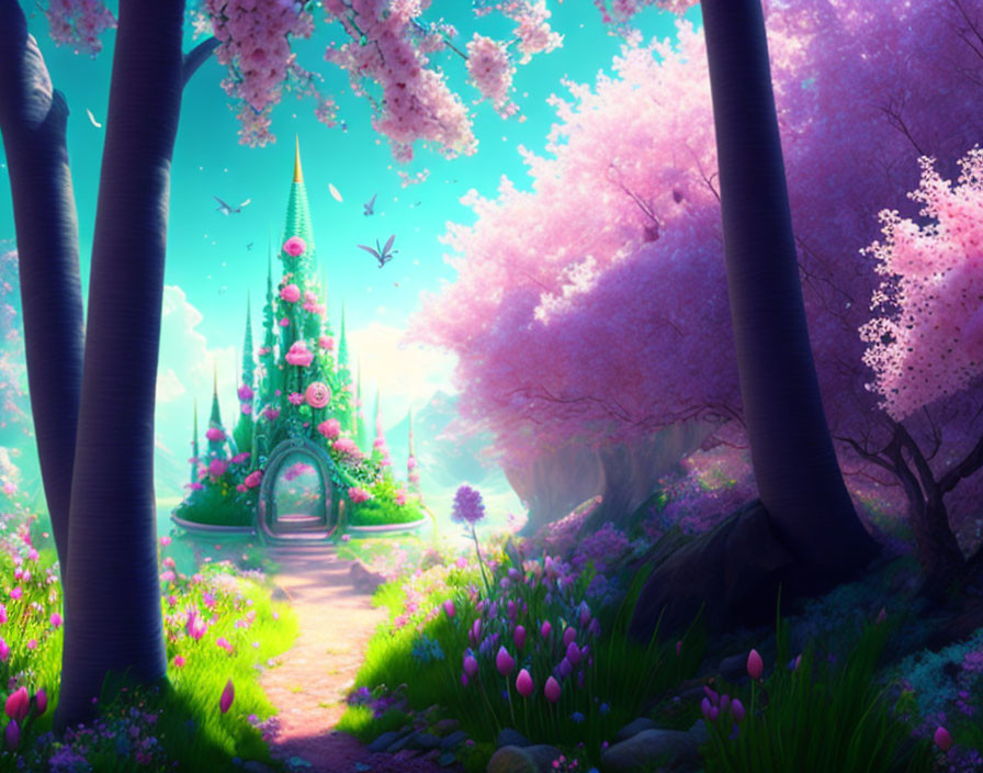 Fantasy Landscape with Pink and Purple Palette and Fairy-Tale Tower