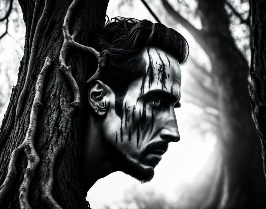 Monochromatic image: Man with dark face paint blending with tree textures