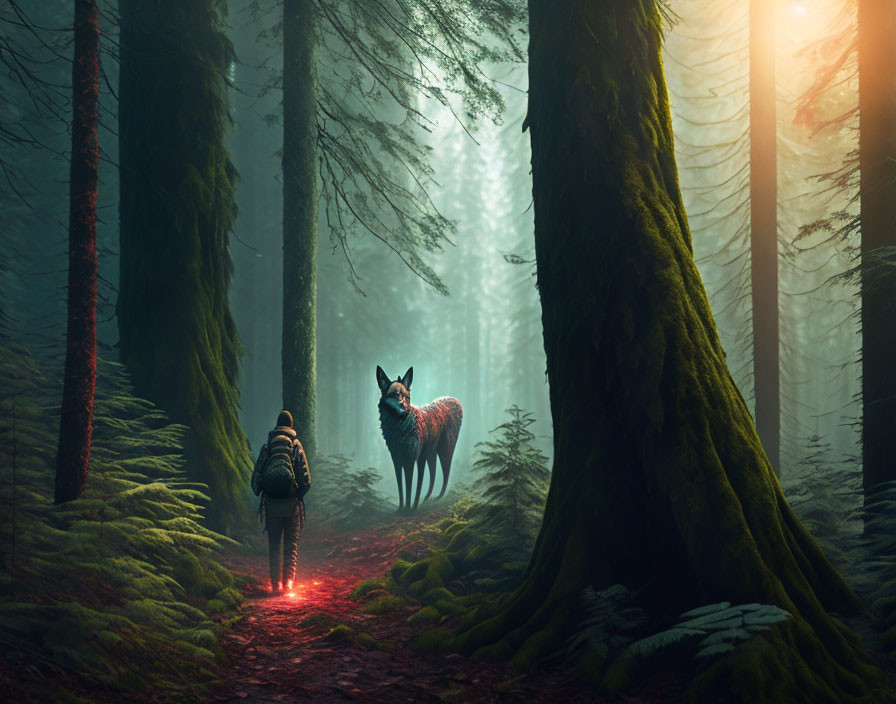 Person with backpack encounters mystical fox in misty forest with sunbeams.