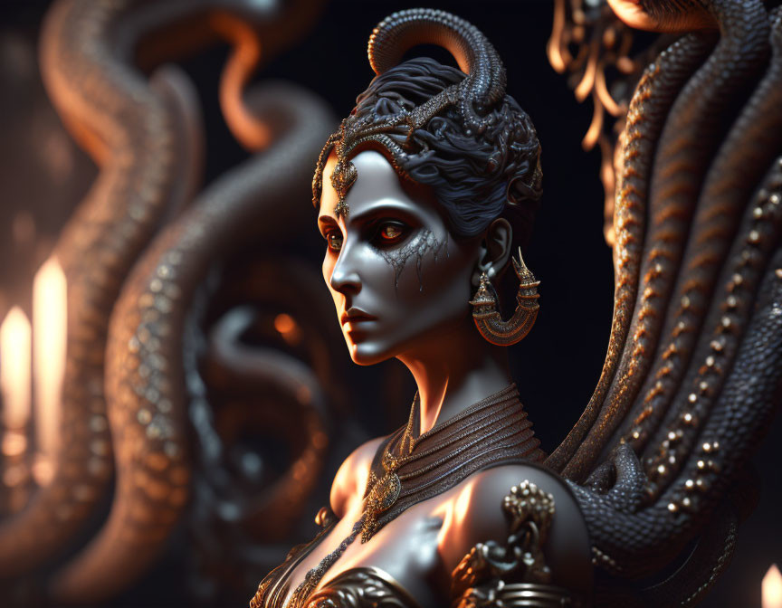 3D-rendered image of woman with serpent designs and mystical ambiance