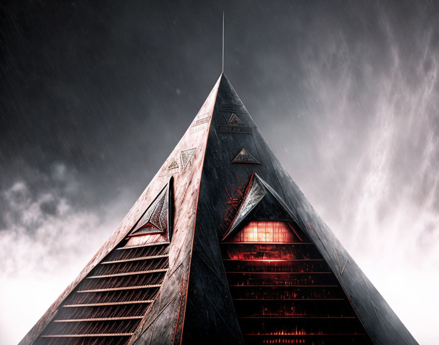 Futuristic pyramid building with red glowing windows under stormy sky