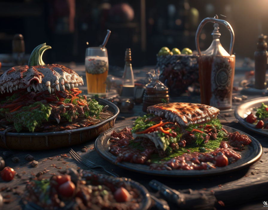 Grilled steak meal with salad, beer, condiments, and rustic ambiance