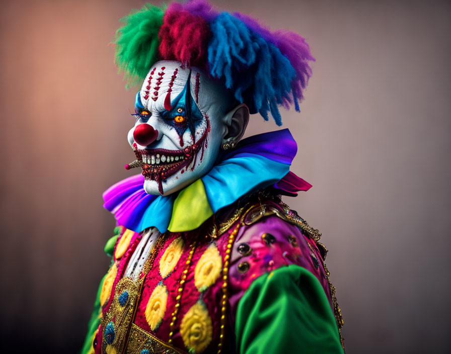 Vivid Clown with Colorful Face Paint and Red Nose