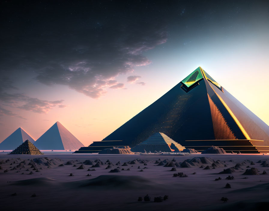 Glowing futuristic pyramids in desert twilight landscape