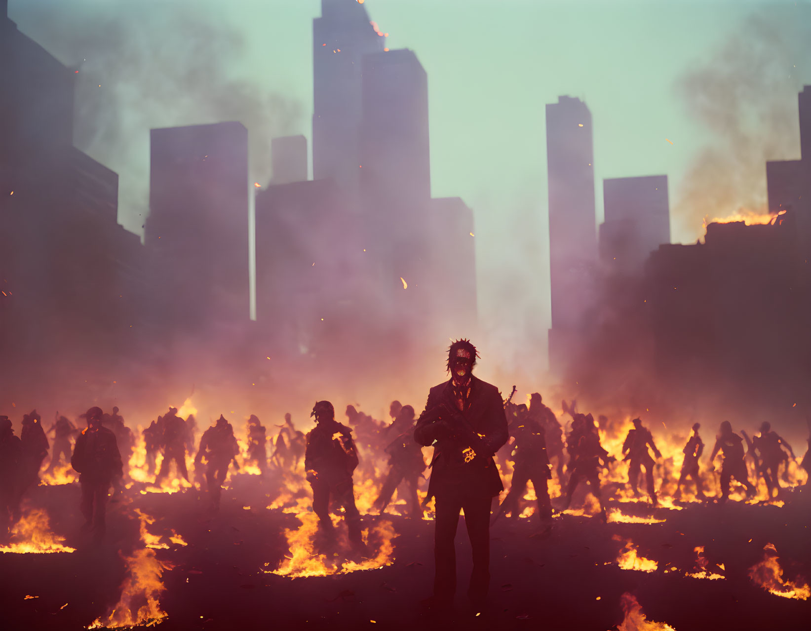 Person in fiery scene with figures and smoky buildings.