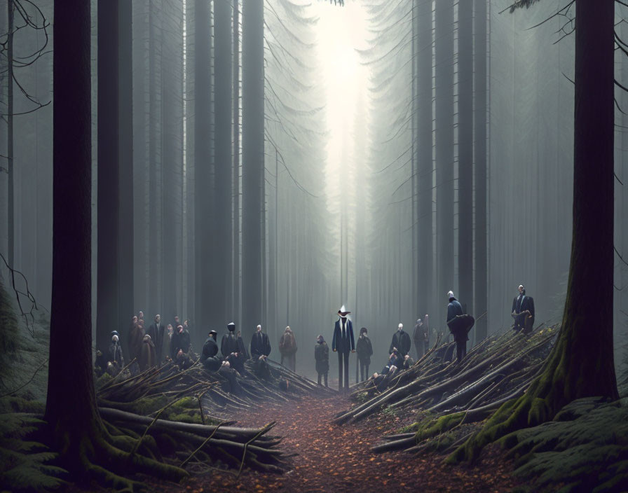 Vintage-clad group walking in misty forest with tall trees.