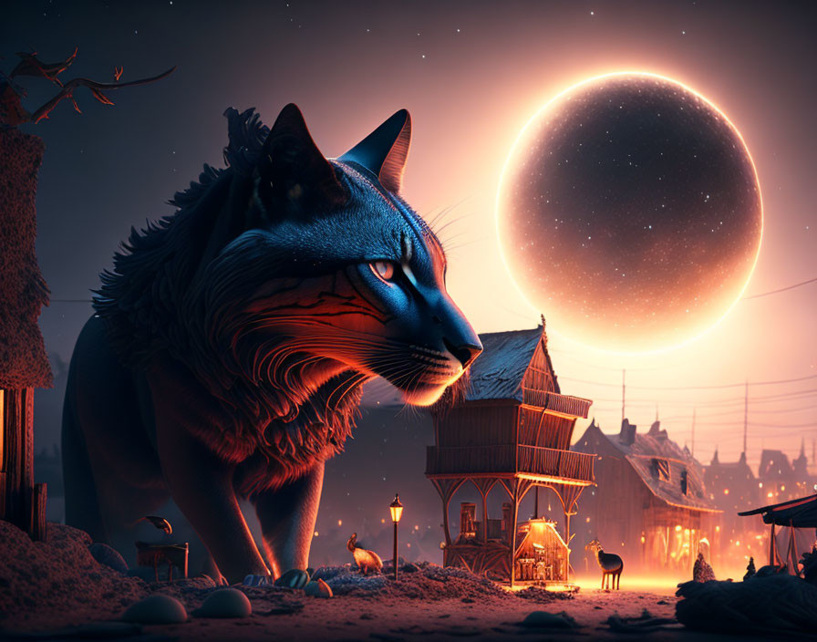 Enormous cat overlooking illuminated village under full moon