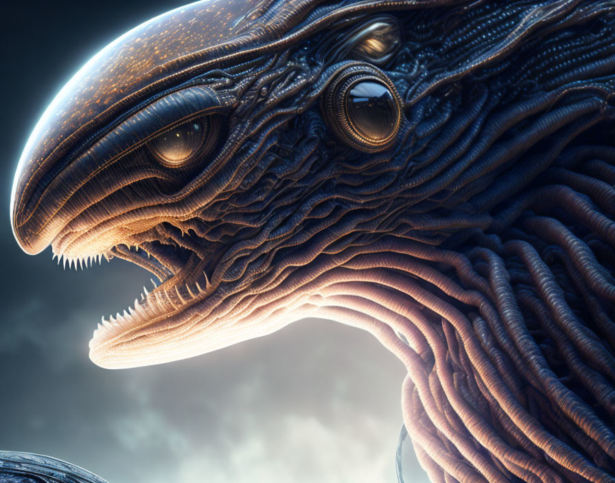 Detailed Close-up of Alien Creature with Textured Skin and Large Eyes against Dramatic Sky