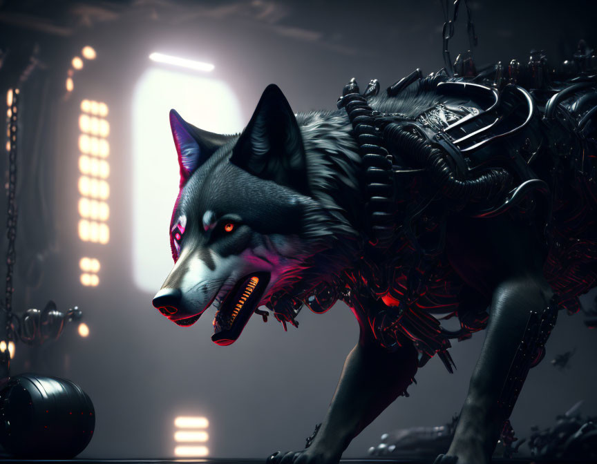 Glowing red robotic wolf amidst industrial setting