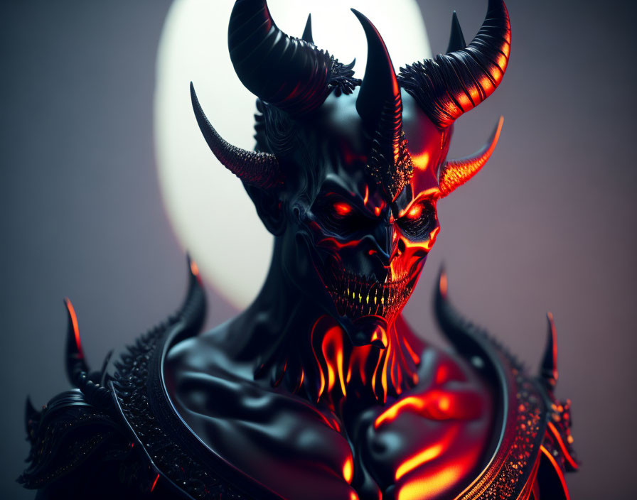 Sinister digital character with horns and red eyes in moonlit scene