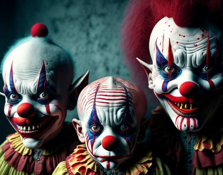 Menacing clowns with creepy makeup against dark background