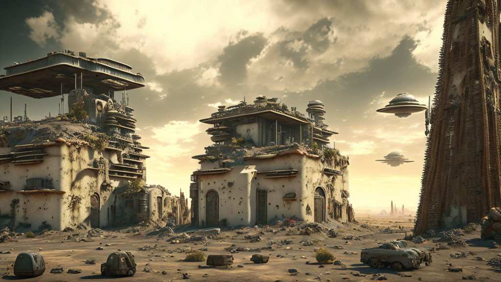 Desolate futuristic landscape with dilapidated buildings and flying saucers