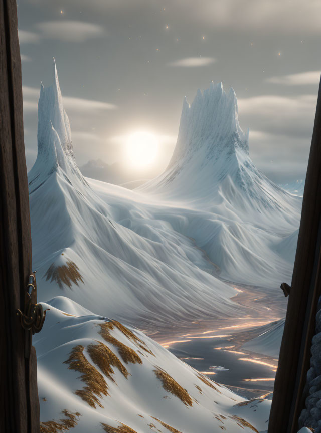 Snowy landscape with towering ice peaks at sunset