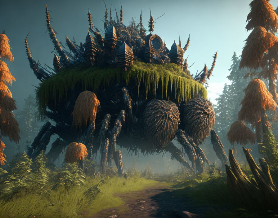 Giant spider-like creature with grassy back and single eye in forest scene