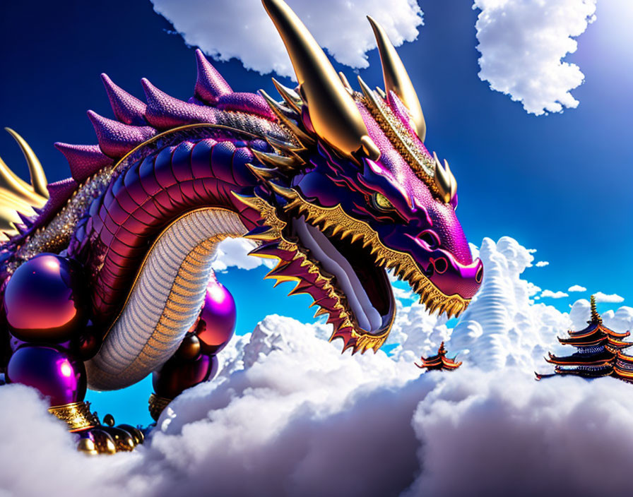 Majestic dragon illustration with purple and golden scales above clouds