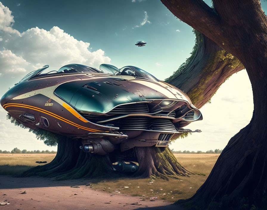 Futuristic spacecraft on ancient tree in serene landscape