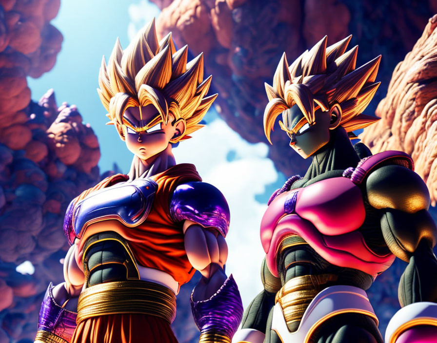 Muscular animated characters with spiky golden hair in blue and orange gear on rocky backdrop