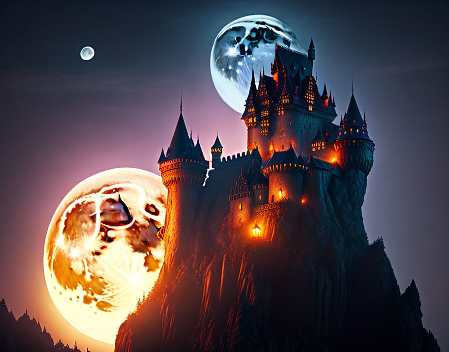 Fantastical castle on cliff with two moons, fiery comet, twilight sky