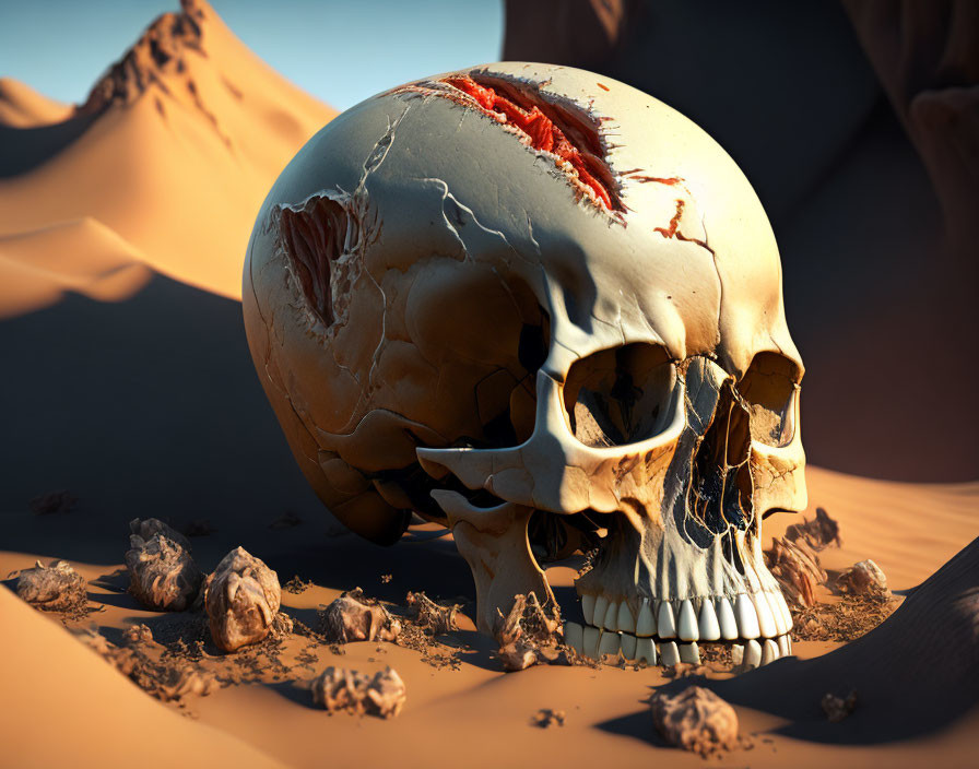 Weathered human skull with red marking in sandy desert scenery