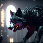 Glowing red robotic wolf amidst industrial setting