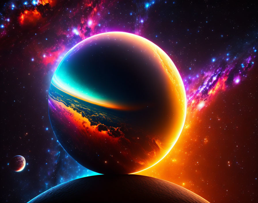 Colorful planet, starry nebula, moon, and alien landscape in vibrant space scene