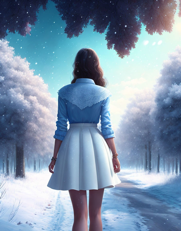 Woman in white skirt and blue jacket on snowy forest path