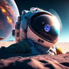 Astronaut on alien planet with large moon reflected in helmet visor