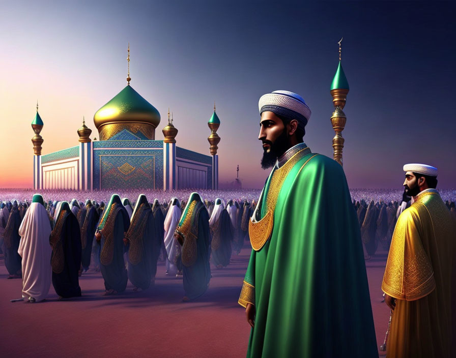 Men in traditional Islamic attire near mosque at sunset with two prominent figures