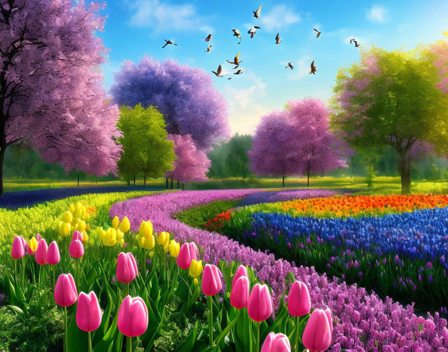 Colorful garden with blooming tulips, cherry blossoms, and birds in clear blue sky