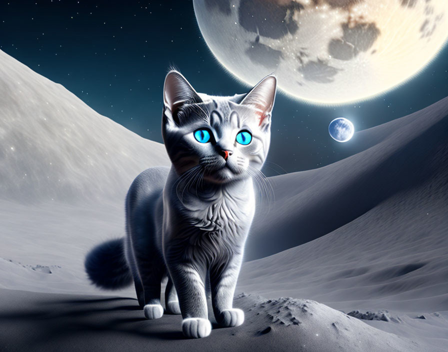 Blue-eyed Cat on Moon-Like Surface with Earth and Moon in Dark Sky