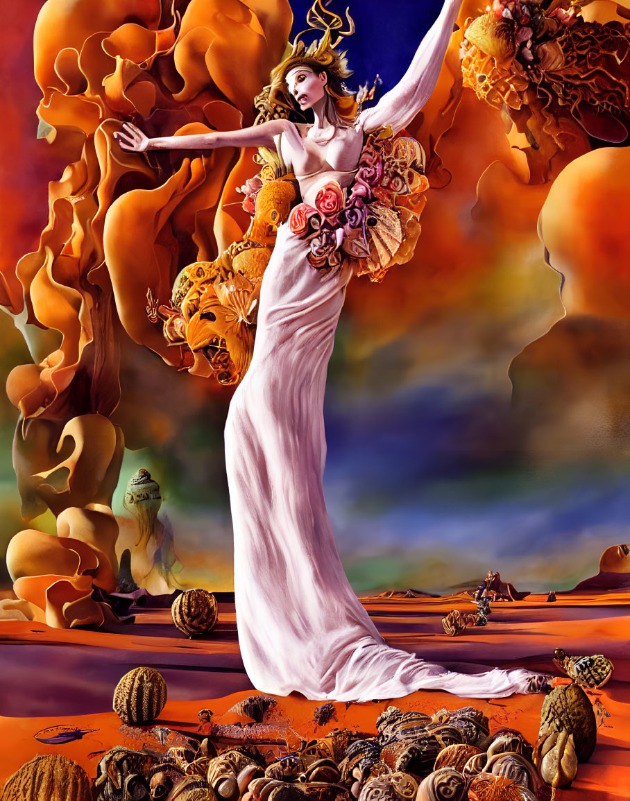 Surreal painting of woman in flowy dress amidst fiery clouds