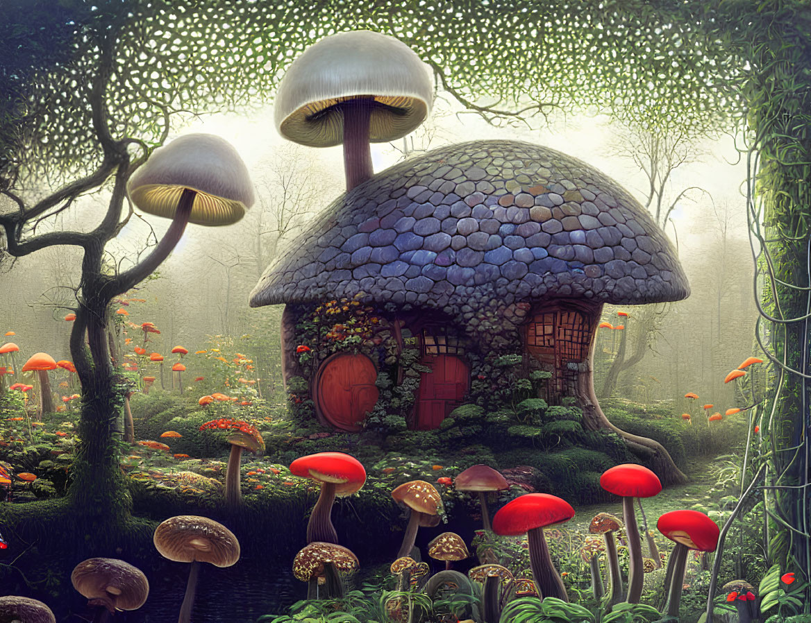 Whimsical stone mushroom house in mystical forest