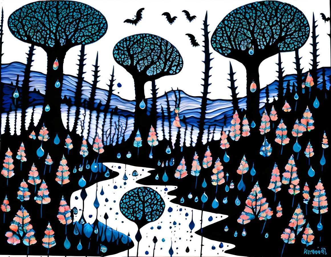 Vivid Artwork of Mystical Forest in Blue and Black with Mushroom-like Trees