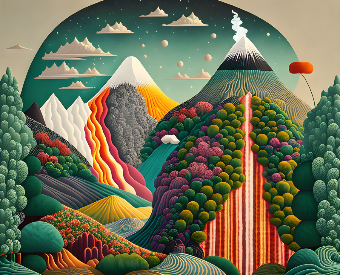 Colorful Landscape with Volcano, Mountains, and Whimsical Flora