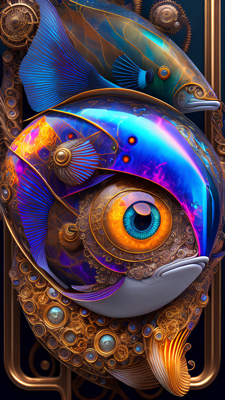 Colorful digital artwork: Mechanical fish with gold patterns and vivid eye