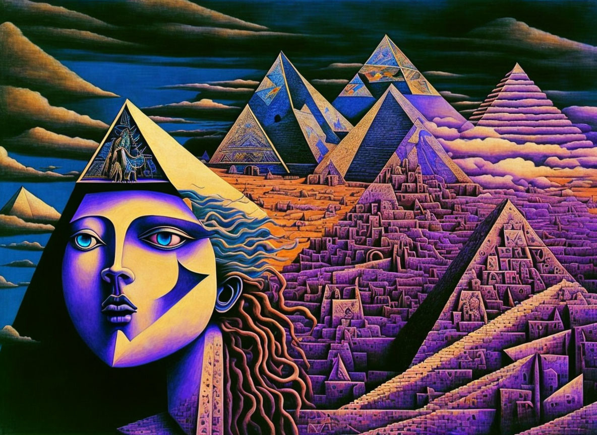 Surreal pyramid landscape with one-eyed face in blue and purple sky