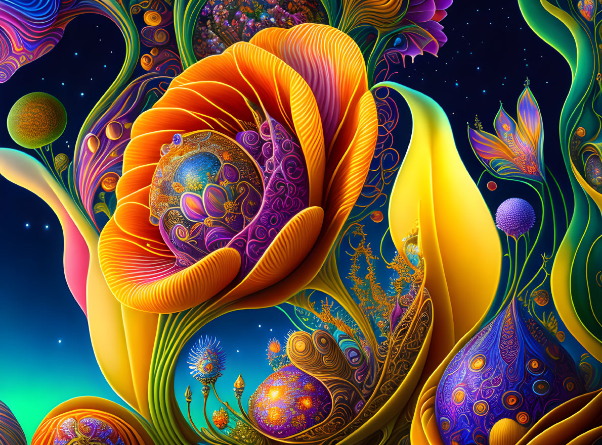 Colorful Psychedelic Artwork with Swirling Patterns and Cosmic Floral Motifs