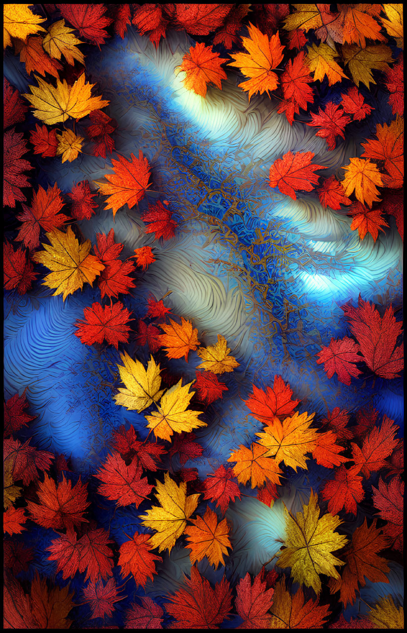 Colorful Autumn Leaves on Blue Textured Background with Swirl Patterns