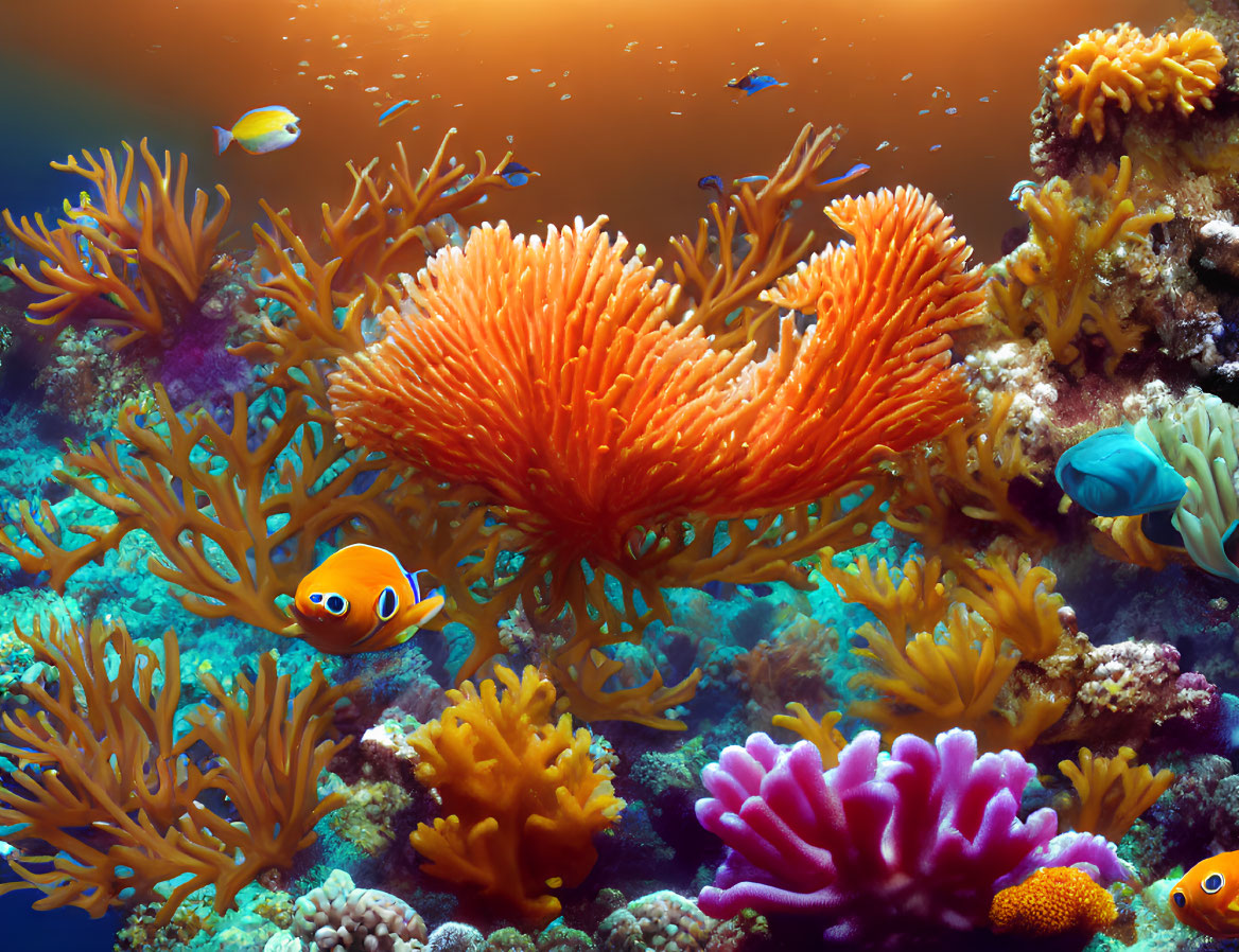 Vibrant coral reefs and tropical fish in colorful underwater scene