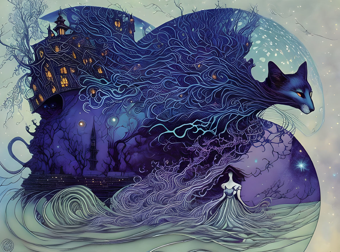 Cat-shaped Wave with House: Mystical and Whimsical Artwork