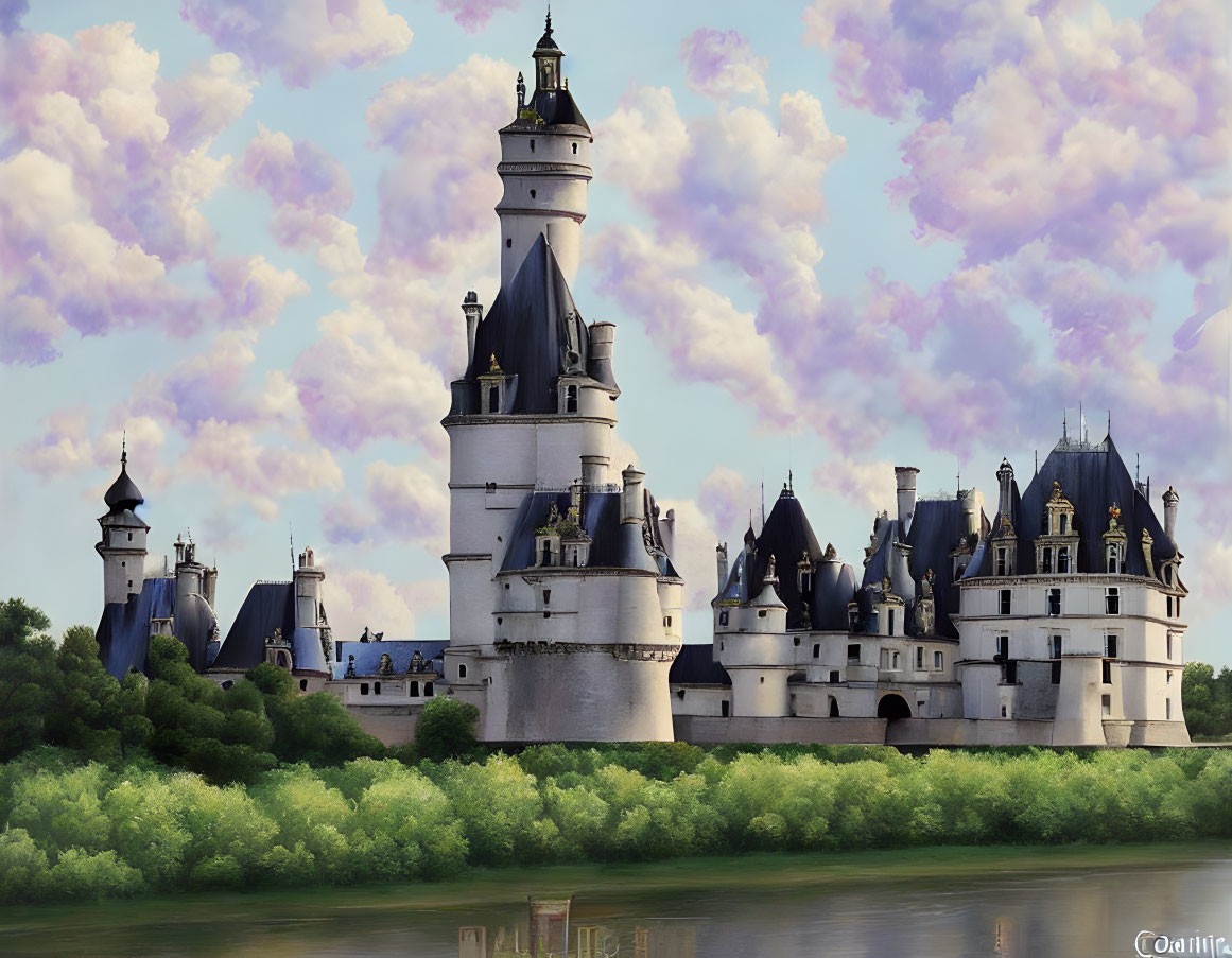 Majestic fairy tale castle with spires near river and lush greenery
