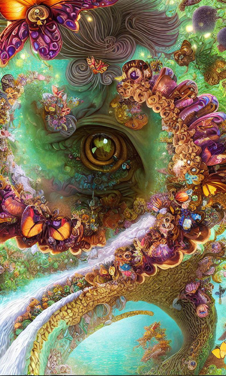 Colorful surreal fantasy scene with large eye and creatures