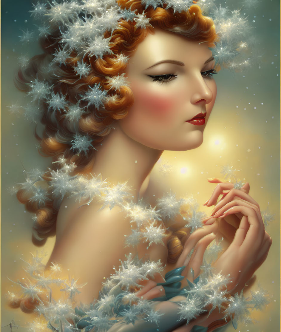 Stylized portrait of woman with fair skin and curly hair on starry backdrop