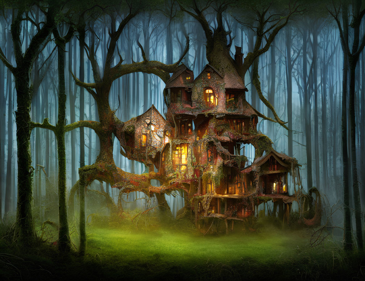 Enchanted multi-level treehouse in misty forest twilight