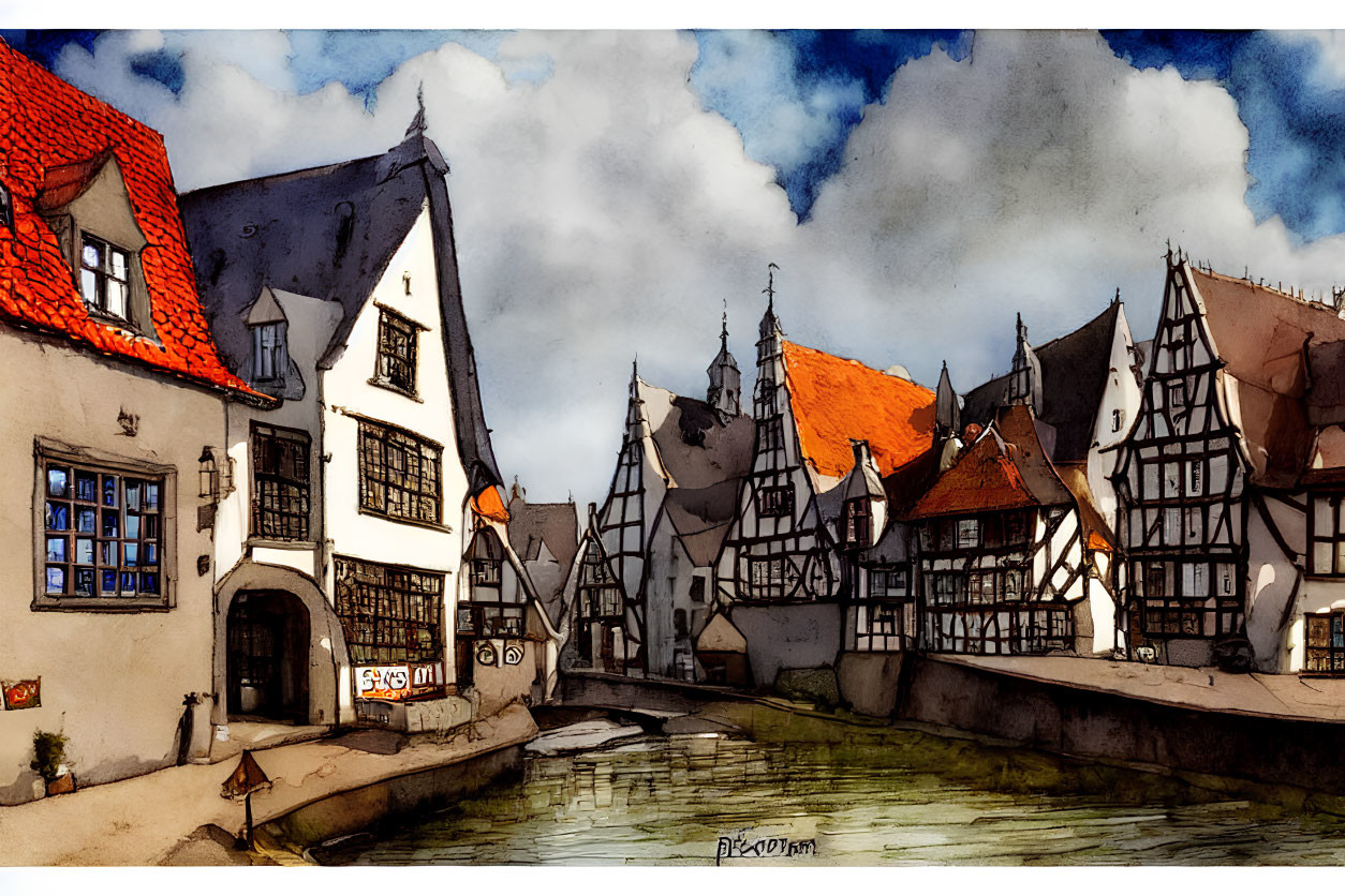 European Medieval Town with Half-Timbered Houses Along Canal