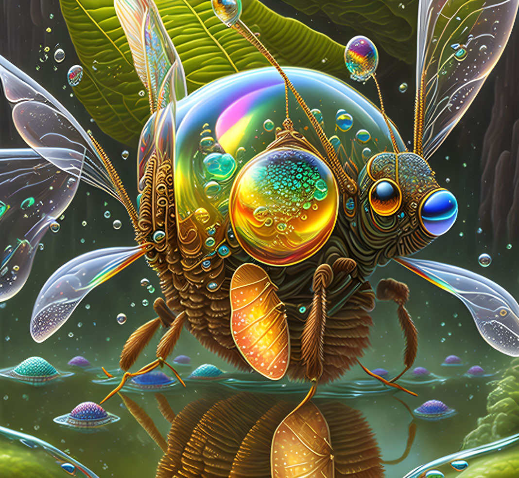 Colorful surreal bee illustration with intricate details in mystical forest setting