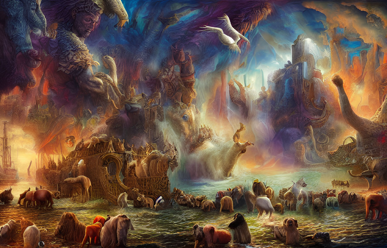 Vibrant Mythological Landscape with Creatures and Humans